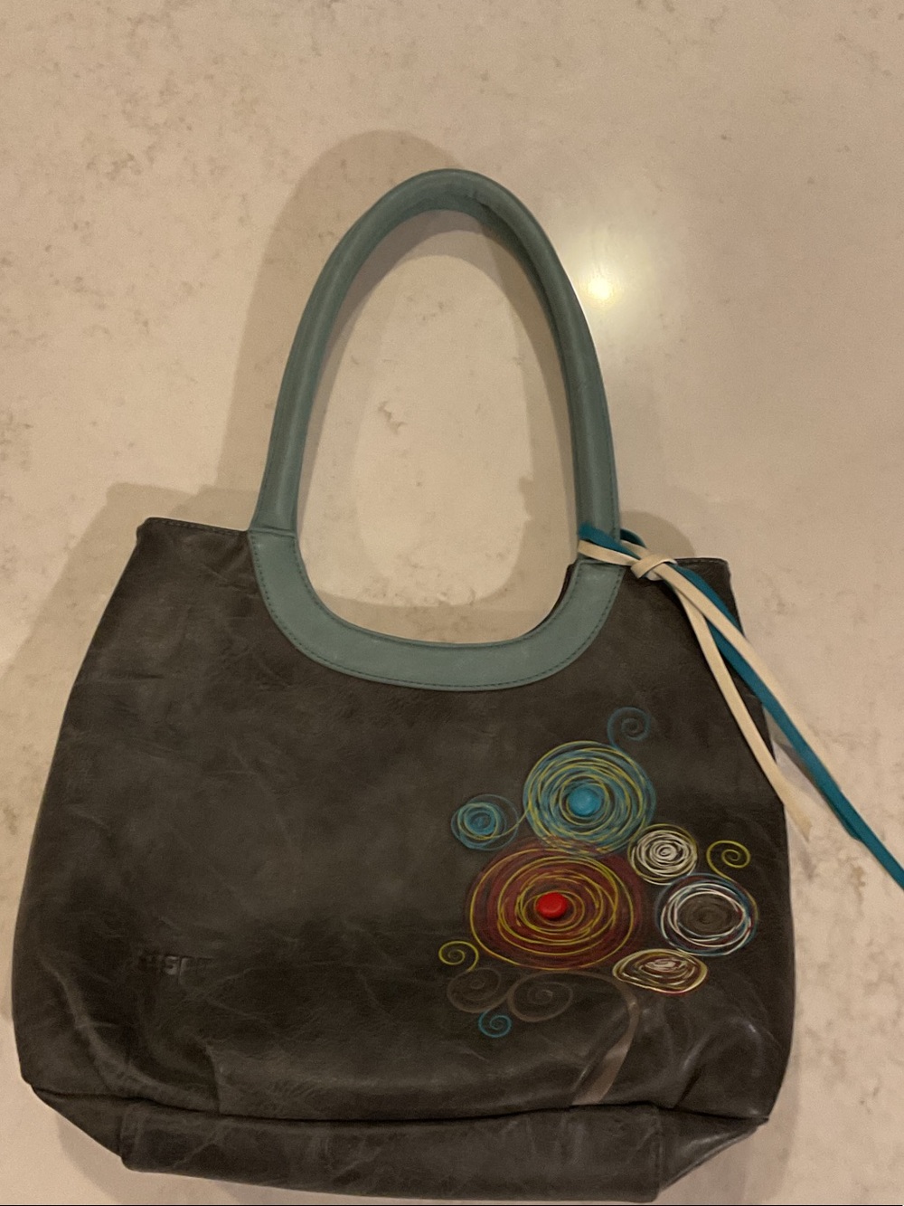 Especially Stylish Gray Tote Aqua Handles Colorful NWOT faux leather cottagecore